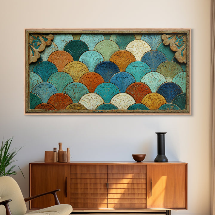 Turquoise Tile Fish Scale Pattern Framed Canvas Print, Moroccan Art, Living Room Rug, Living Room Decor, Abstract Art, MOR-2x1-65