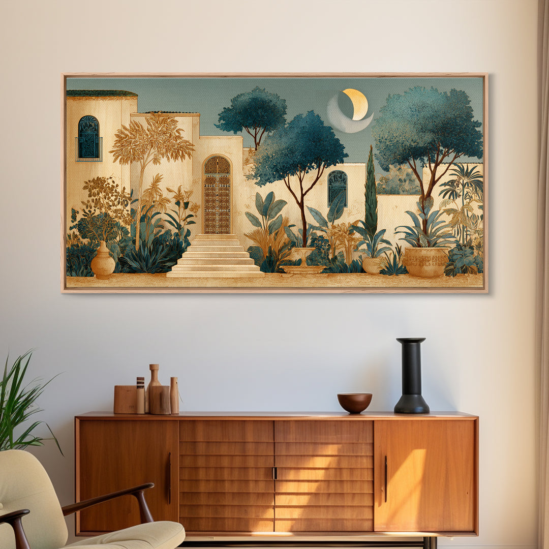 Camel Silhouette Beneath Crescent Moon Framed Canvas Print, Moroccan Art, Printable Wall Art, Living Room Decor, Marrakesh, MOR-2x1-7
