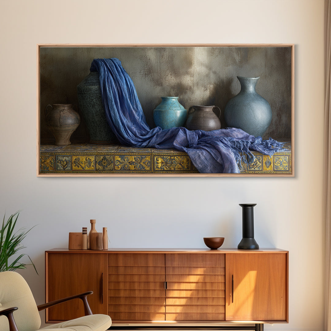 Tuareg Blue Scarf Portrait Framed Canvas Print, Moroccan Art, Living Room Decor, Marrakesh, Travel Poster, Map Wall Art, MOR-2x1-86