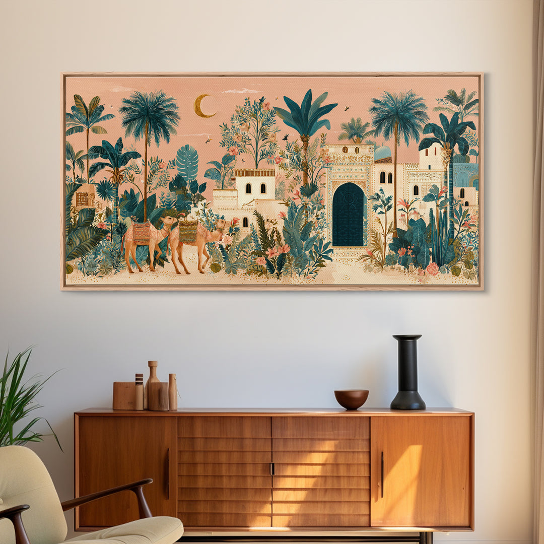 Desert Camel Caravan Framed Canvas Print, Moroccan Art, Statement Artwork, Living Room Decor, Oil Painting, Marrakesh, MOR-2x1-95