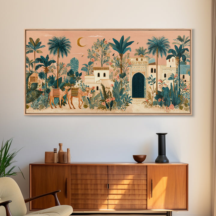 Desert Camel Caravan Framed Canvas Print, Moroccan Art, Statement Artwork, Living Room Decor, Oil Painting, Marrakesh, MOR-2x1-95