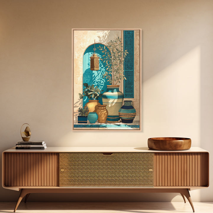 Brass Lantern Still Life Casting Lace Shadows Framed Canvas Print, Moroccan Art, African Art, Living Room Decor, Abstract Art, MOR-2x3-17