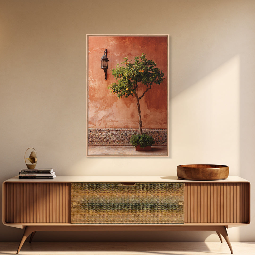 Orange Tree in Tiled Courtyard Framed Canvas Print, Moroccan Art, Modern Wall Art, Living Room Decor, Oil Painting, Marrakesh, MOR-2x3-21