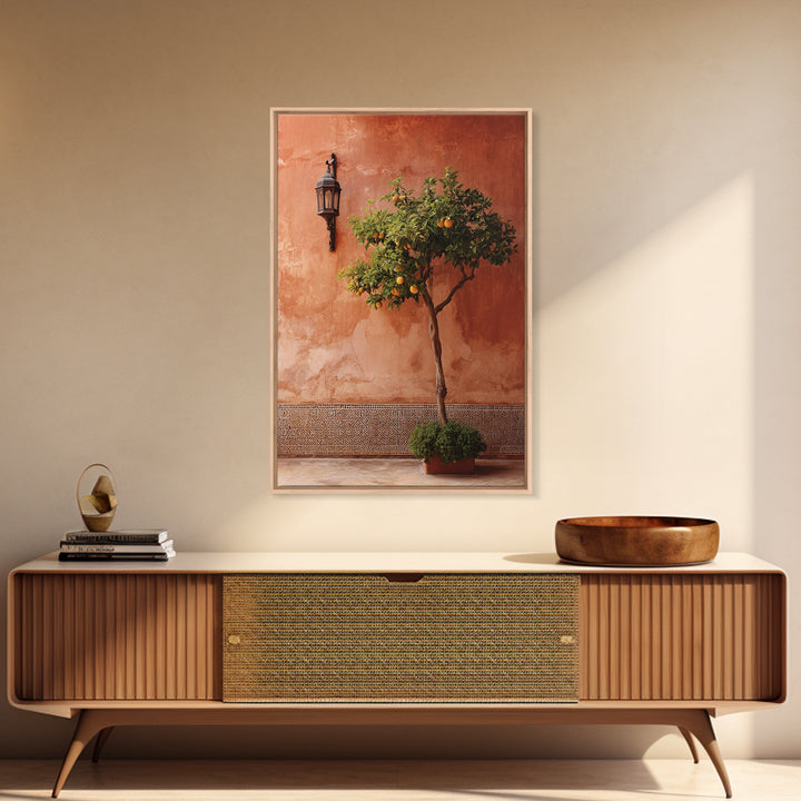 Orange Tree in Tiled Courtyard Framed Canvas Print, Moroccan Art, Modern Wall Art, Living Room Decor, Oil Painting, Marrakesh, MOR-2x3-21