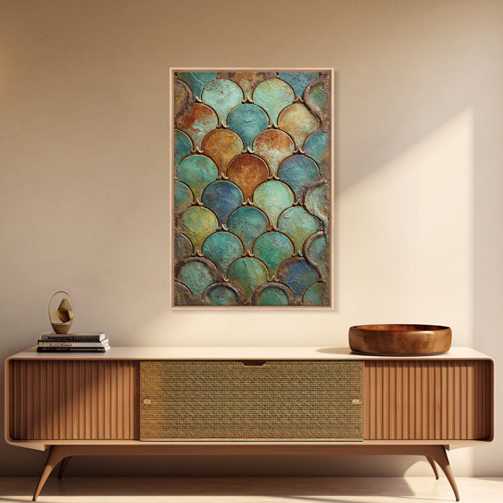 Turquoise Tile Fish Scale Pattern Framed Canvas Print, Moroccan Art, Gallery Wall Set, Living Room Decor, Oil Painting, MOR-2x3-53
