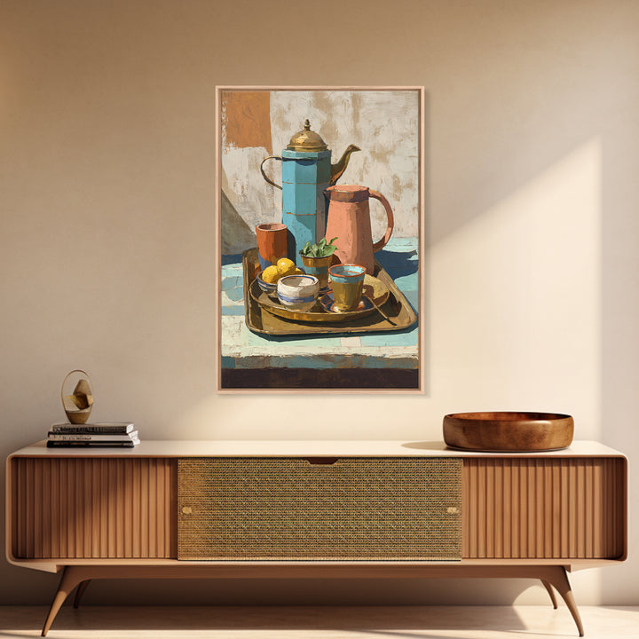 Moroccan Tea Set Framed Canvas Print, Moroccan Art, African Art, Living Room Decor, Fine Art, Marrakesh, Neutral Decor, MOR-2x3-60