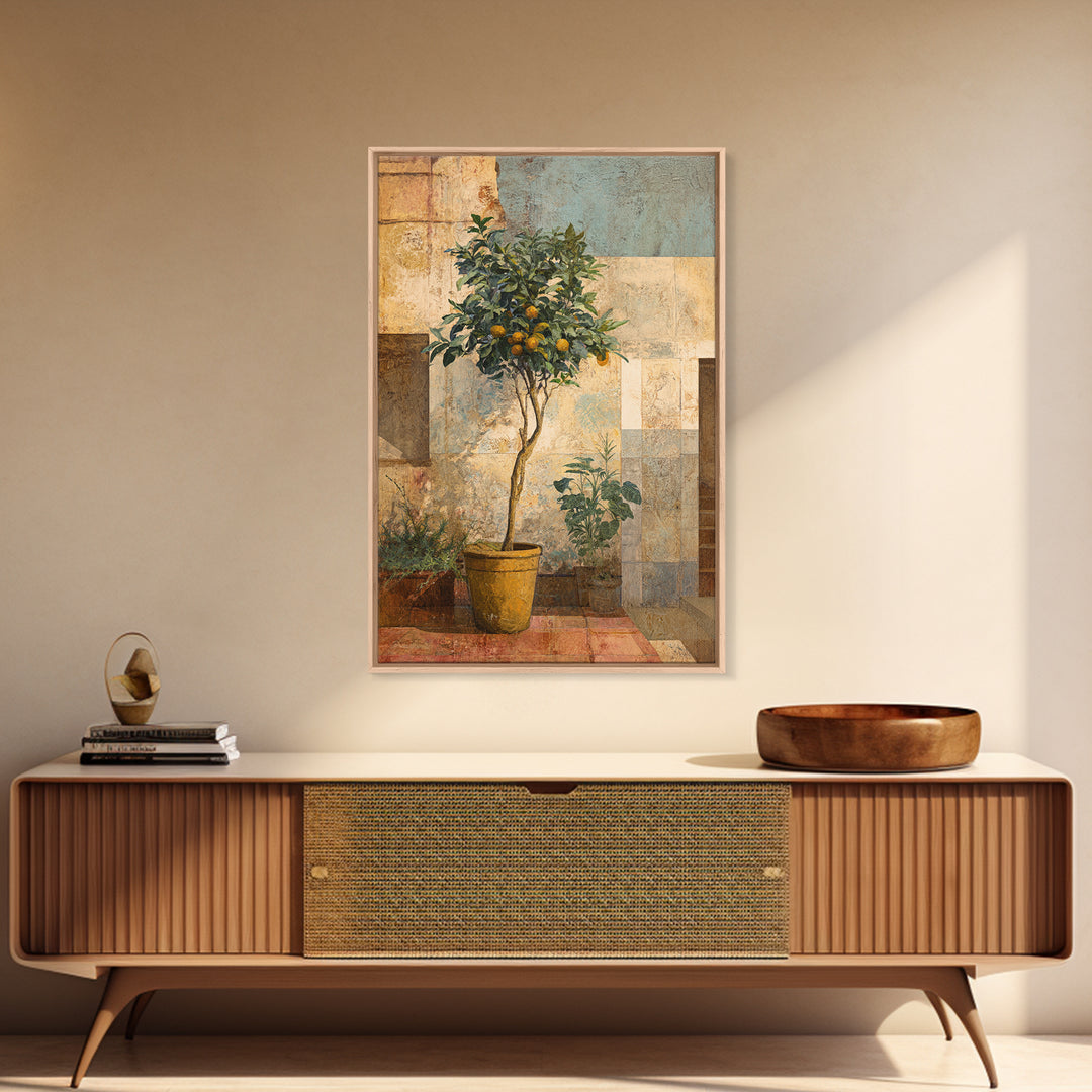 Orange Tree in Tiled Courtyard Framed Canvas Print, Moroccan Art, Neutral Wall Art, Living Room Decor, Fine Art, Marrakesh, MOR-2x3-69