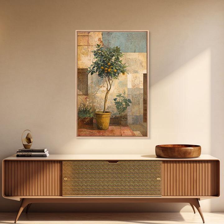 Orange Tree in Tiled Courtyard Framed Canvas Print, Moroccan Art, Neutral Wall Art, Living Room Decor, Fine Art, Marrakesh, MOR-2x3-69