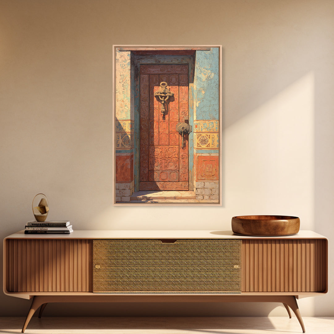 Patterned Door Hardware and Carved Wood Detail Framed Canvas Print, Moroccan Art, Modern Rug, Living Room Decor, Marrakesh, MOR-2x3-75