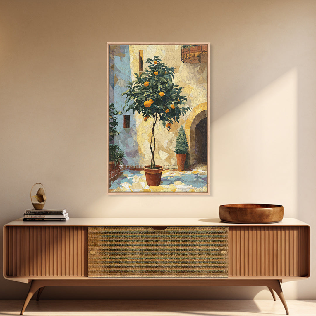 Orange Tree in Tiled Courtyard Framed Canvas Print, Moroccan Art, Neutral Wall Art, Living Room Decor, Fine Art, Marrakesh, MOR-2x3-93