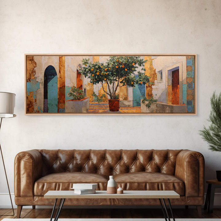 Orange Tree in Tiled Courtyard Framed Canvas Print, Moroccan Art, Fine Art Print, Living Room Decor, Fine Art, Marrakesh, MOR-3x1-53