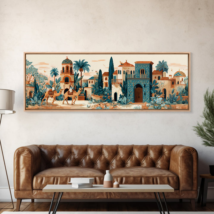Desert Camel Caravan Framed Canvas Print, Moroccan Art, Boho Decor, Living Room Decor, Fine Art, Marrakesh, Ramadan Decor, MOR-3x1-67