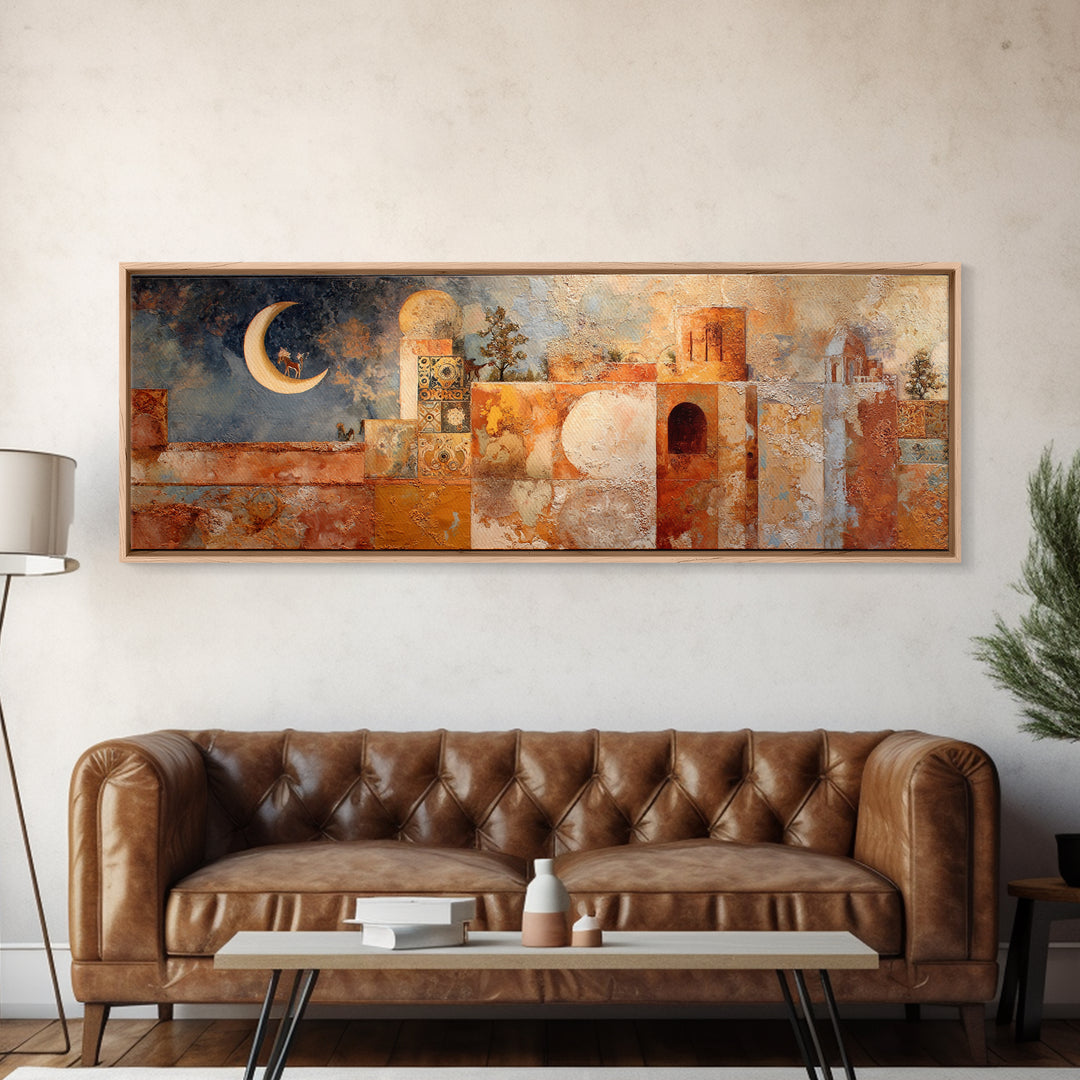Camel Silhouette Beneath Crescent Moon Canvas Print, Moroccan Art, Set of 3 Prints, Living Room Decor, Fine Art, Marrakesh, MOR-3x1-75