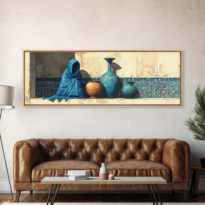 Tuareg Blue Scarf Portrait Framed Canvas Print, Moroccan Art, Gallery Wall Set, Living Room Decor, Fine Art, Marrakesh, MOR-3x1-82