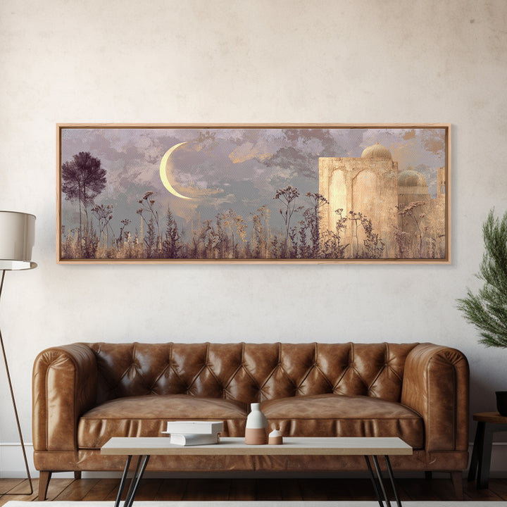 Camel Silhouette Beneath Crescent Moon Framed Canvas Print, Moroccan Art, Living Room Rug, Living Room Decor, Marrakesh, MOR-3x1-99