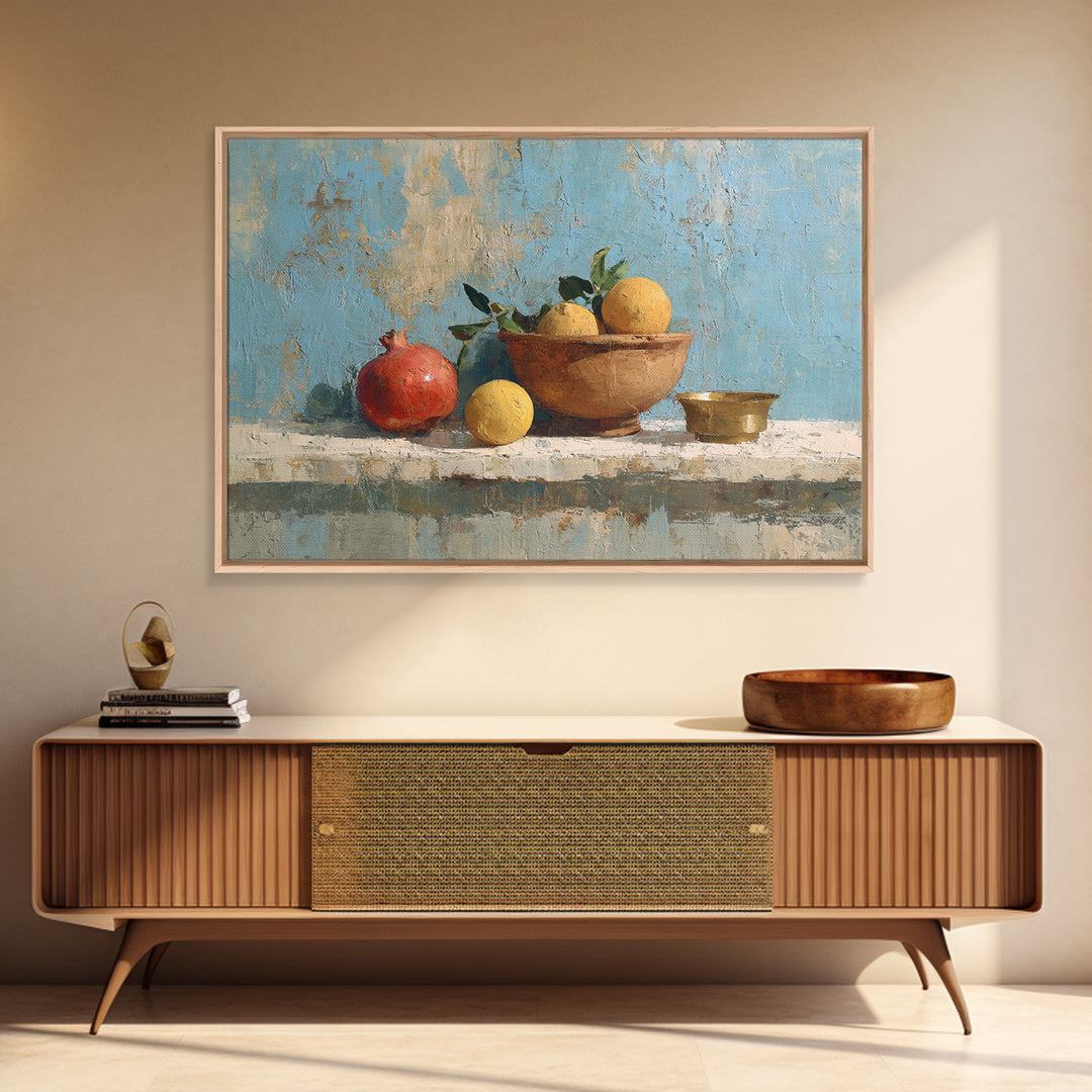 Pomegranate and Brass Bowl Still Life Framed Canvas Print, Moroccan Art, Moroccan Decor, Living Room Decor, Oil Painting, MOR-3x2-50