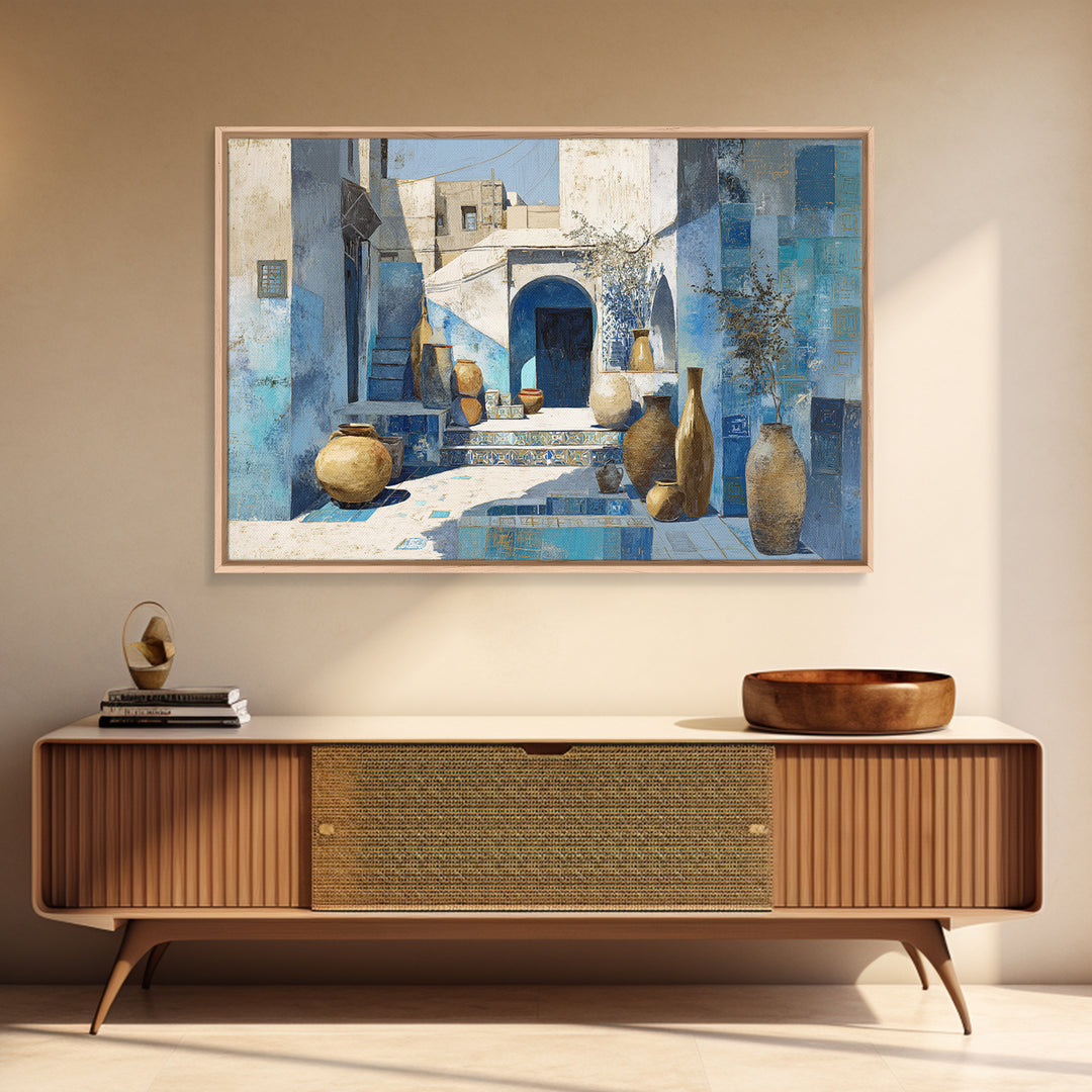 Blue City Alley Rendered as Painterly Shapes Canvas Print, Moroccan Art, Travel Wall Art, Living Room Decor, Abstract Art, MOR-3x2-58