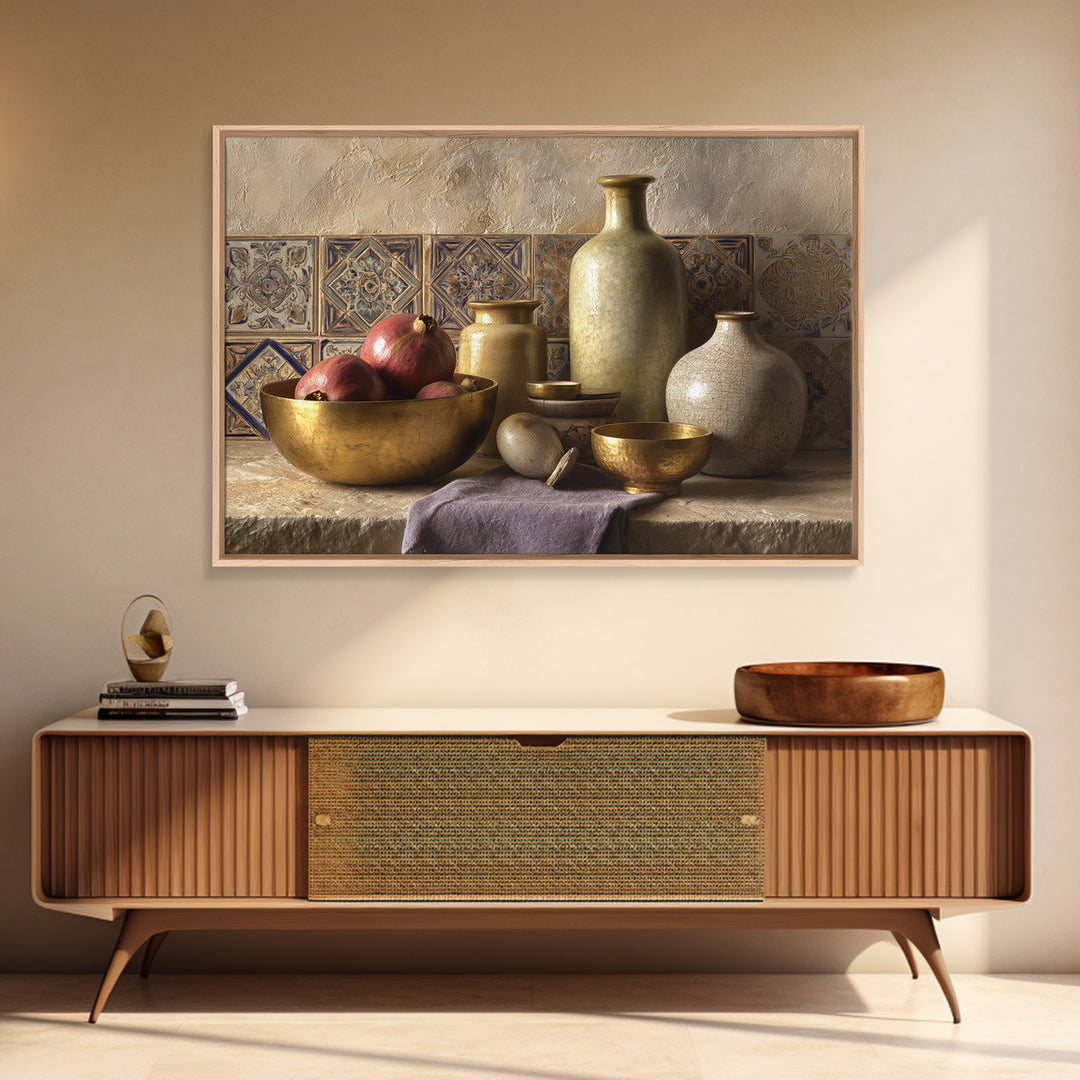 Pomegranate and Brass Bowl Still Life Framed Canvas Print, Moroccan Art, Moroccan Decor, Living Room Decor, Oil Painting, MOR-3x2-74