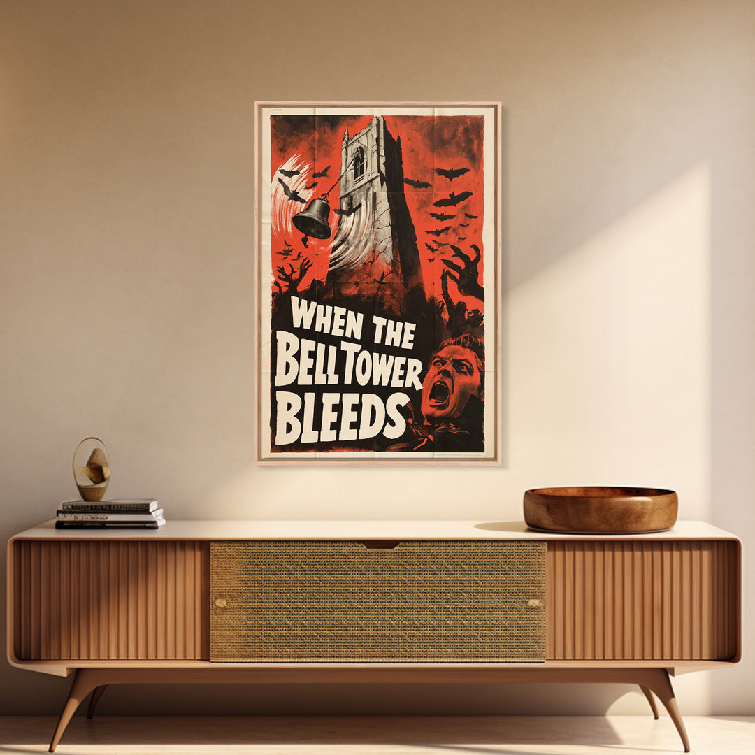 When The Bell Tower Bleeds, English Language Horror Movie Poster, 1950s Creature-Feature One-Sheet Inspired Art, Cult Horror Poster