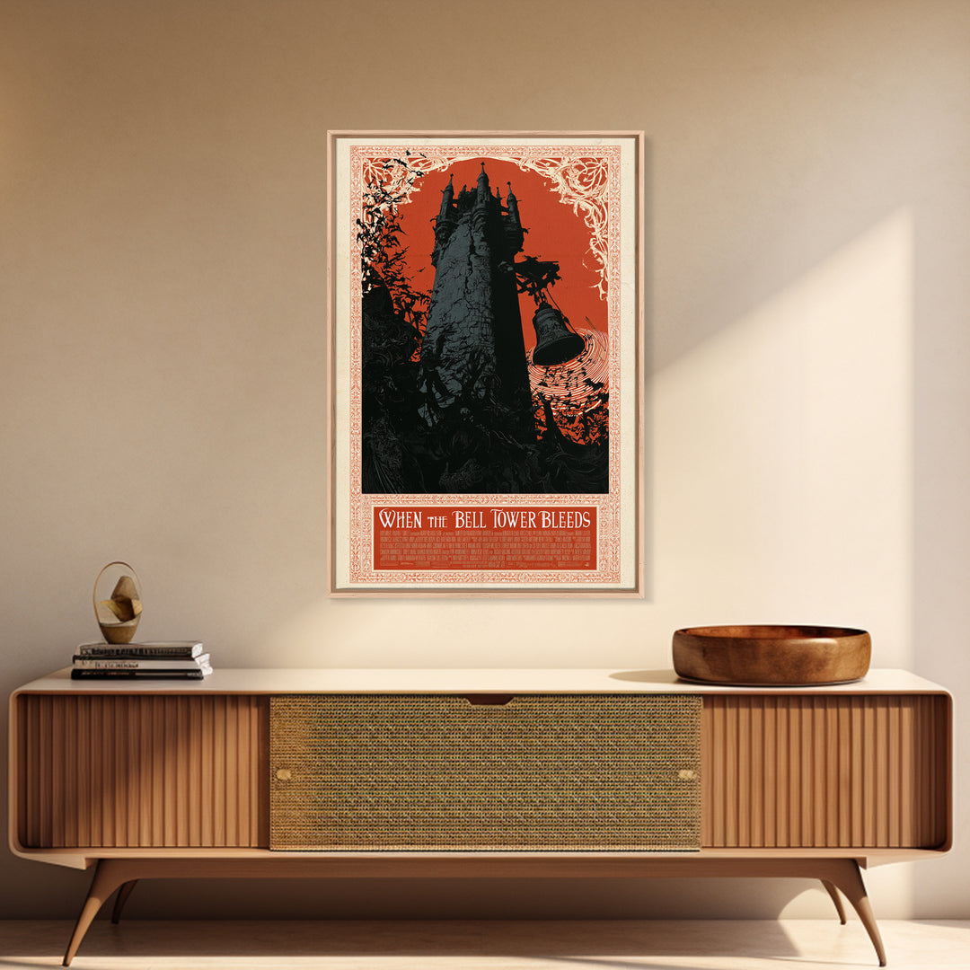 When The Bell Tower Bleeds, English Language Horror Movie Poster, Decadent Line Art, Retro Horror Movie Art, Canvas Print