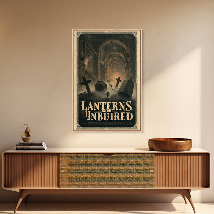 Lanterns For The Unburied, English Language Horror Movie Poster, Architectural Etching Art, Retro Horror Movie Art