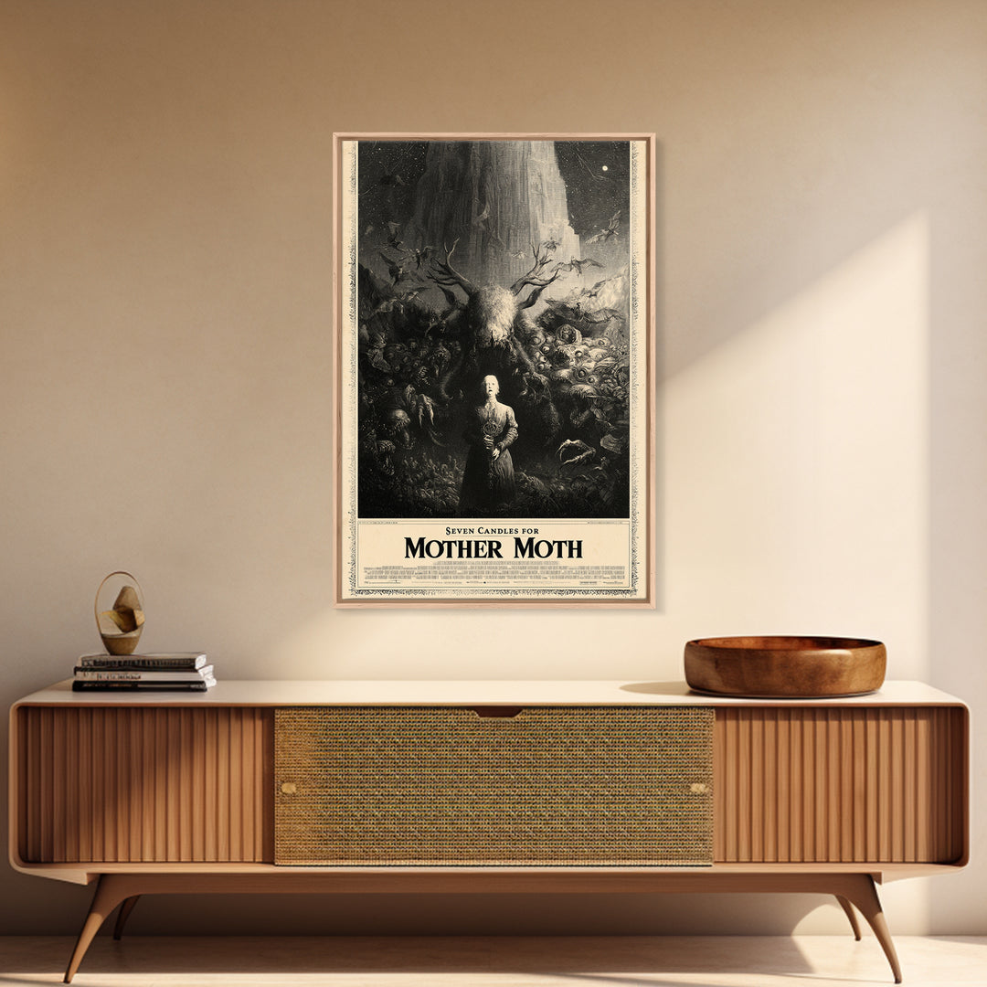 Seven Candles For Mother Moth, English Language Horror Movie Poster, Gothic Engraving Art, Retro Horror Movie Art, Framed Canvas Print