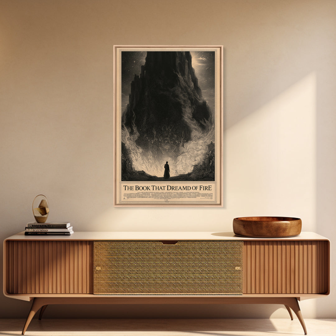 The Book That Dreamed Of Fire, English Language Horror Movie Poster, Gothic Engraving Art, Gothic Cinema Wall Art, Framed Canvas Print