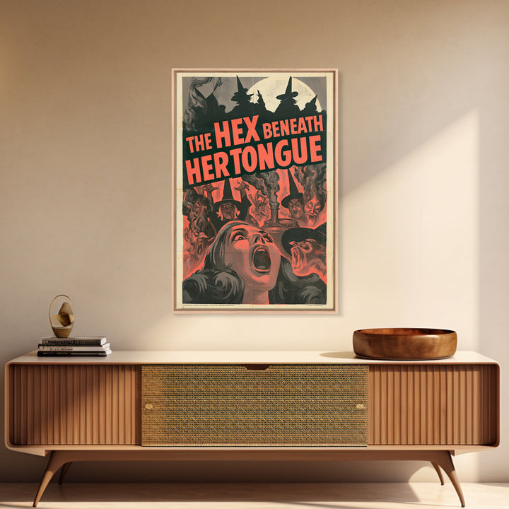 The Hex Beneath Her Tongue, English Language Horror Movie Poster, 1950s Creature-Feature One-Sheet Inspired Art, Gothic Cinema Wall Art