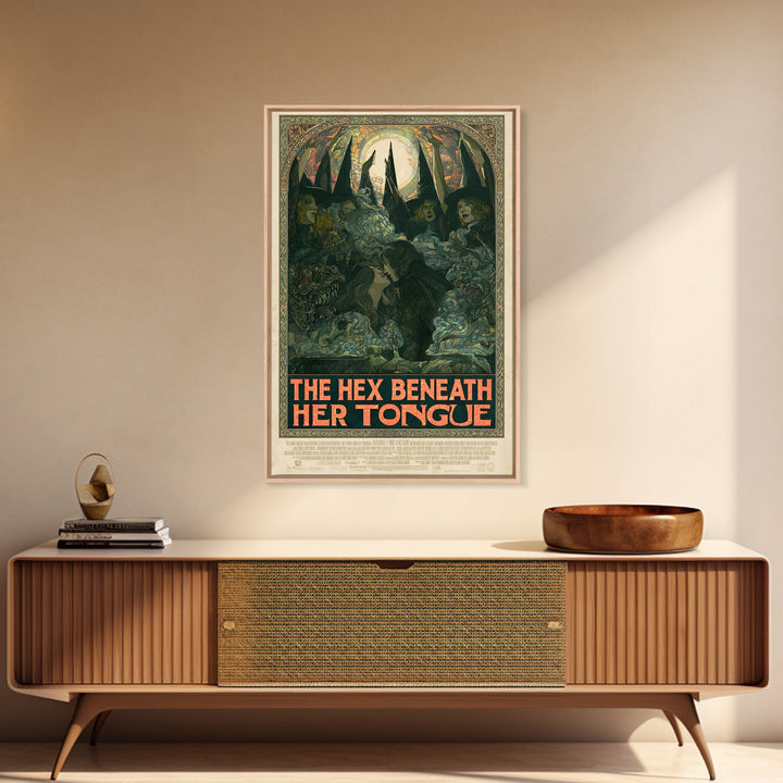 The Hex Beneath Her Tongue, English Language Horror Movie Poster, Stained Glass Gothic Art, Retro Horror Movie Art, Framed Canvas Print