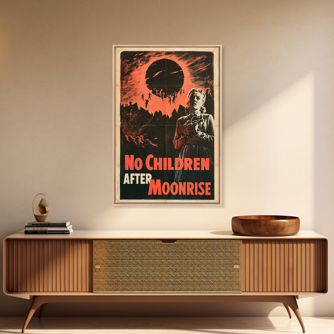 No Children After Moonrise, English Language Horror Movie Poster, 1950s Creature-Feature One-Sheet Inspired Art, Retro Horror Movie Art