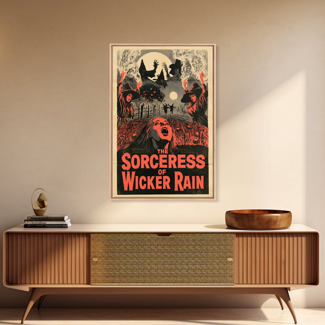 The Sorceress Of Wicker Rain, English Language Horror Movie Poster, 1950s Creature-Feature One-Sheet Inspired Art, Retro Horror Movie Art