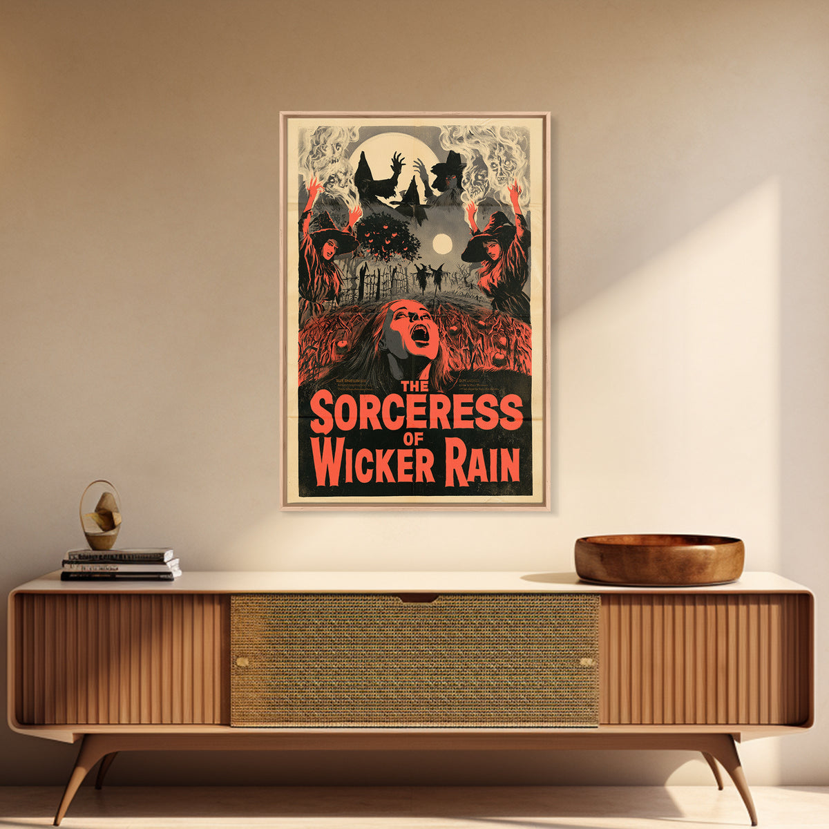 The Sorceress Of Wicker Rain, English Language Horror Movie Poster, 1950s Creature-Feature One-Sheet Inspired Art, Retro Horror Movie Art