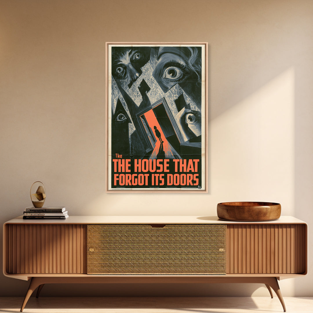 The House That Forgot Its Doors, English Language Horror Movie Poster, 1930s Horror Art, Retro Horror Movie Art, Framed Canvas Print