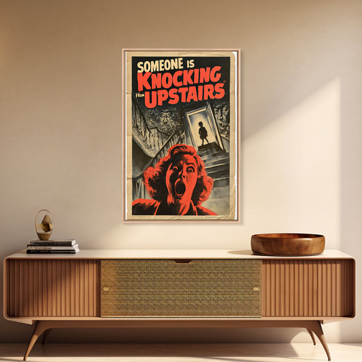 Someone Is Knocking From Upstairs, English Language Horror Movie Poster, 1950s Creature-Feature One-Sheet Inspired Art, Canvas Print