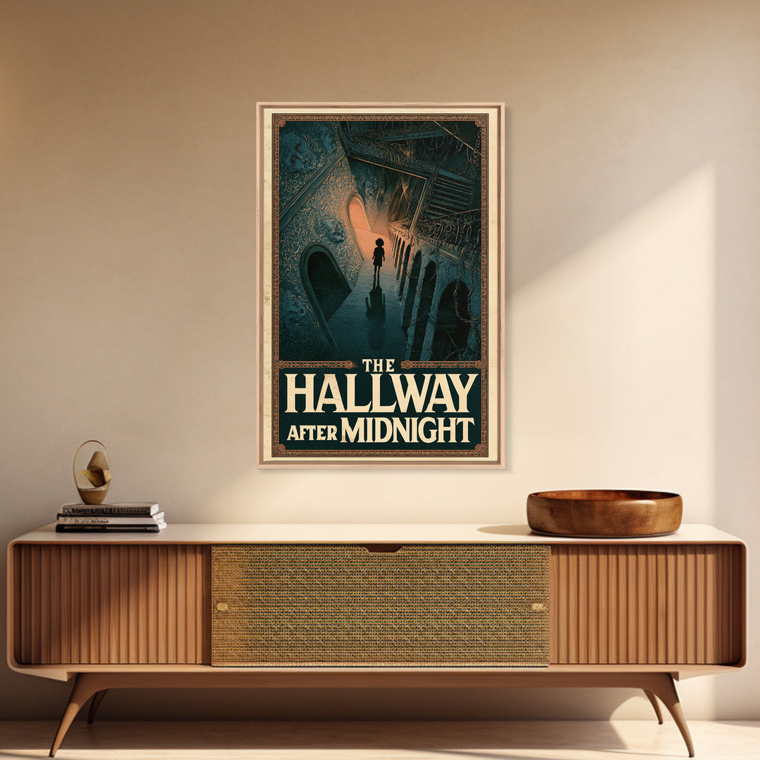 The Hallway After Midnight, English Language Horror Movie Poster, Architectural Etching Art, Classic Monster Poster