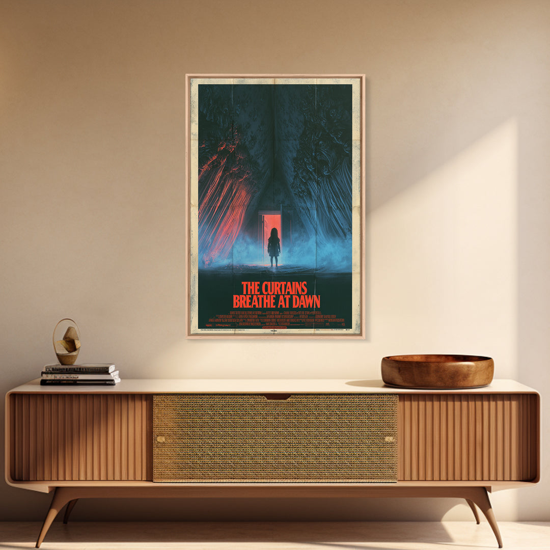 The Curtains Breathe At Dawn, English Language Horror Movie Poster, 1980s Vhs Nightmare Cover Inspired Art, Retro Horror Movie Art