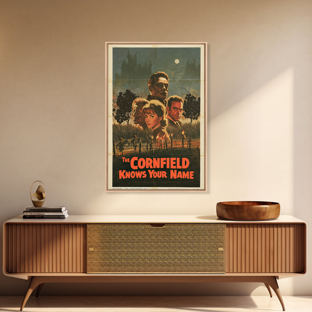 The Cornfield Knows Your Name, English Language Horror Movie Poster, 1960s Horror Art, Classic Monster Poster, Framed Canvas Print