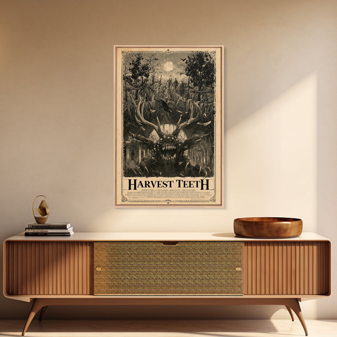 Harvest Teeth, English Language Horror Movie Poster, Architectural Etching Art, Classic Monster Poster, Framed Canvas Print