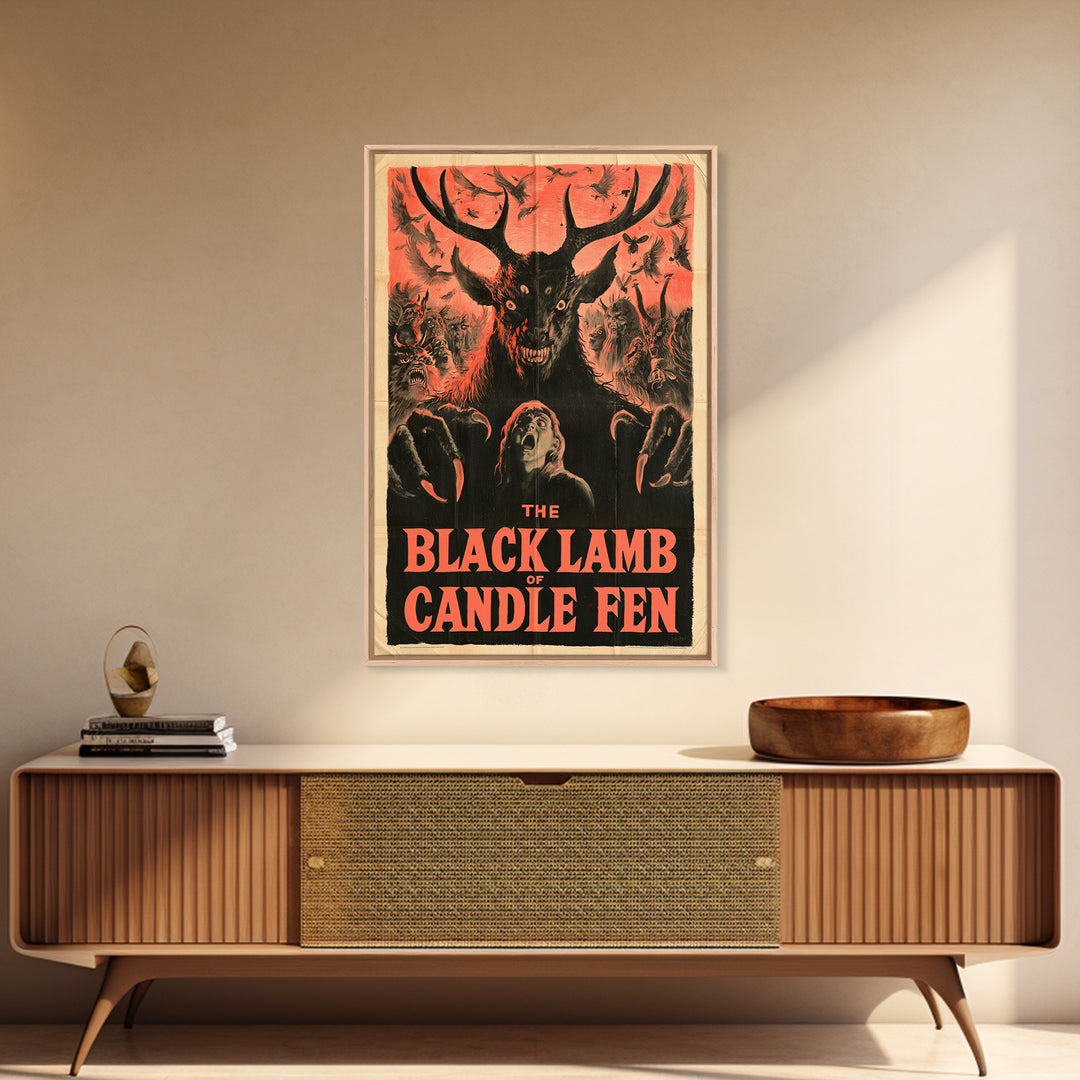 The Black Lamb Of Candle Fen, English Language Horror Movie Poster, 1950s Creature-Feature One-Sheet Inspired Art, Gothic Cinema Wall Art