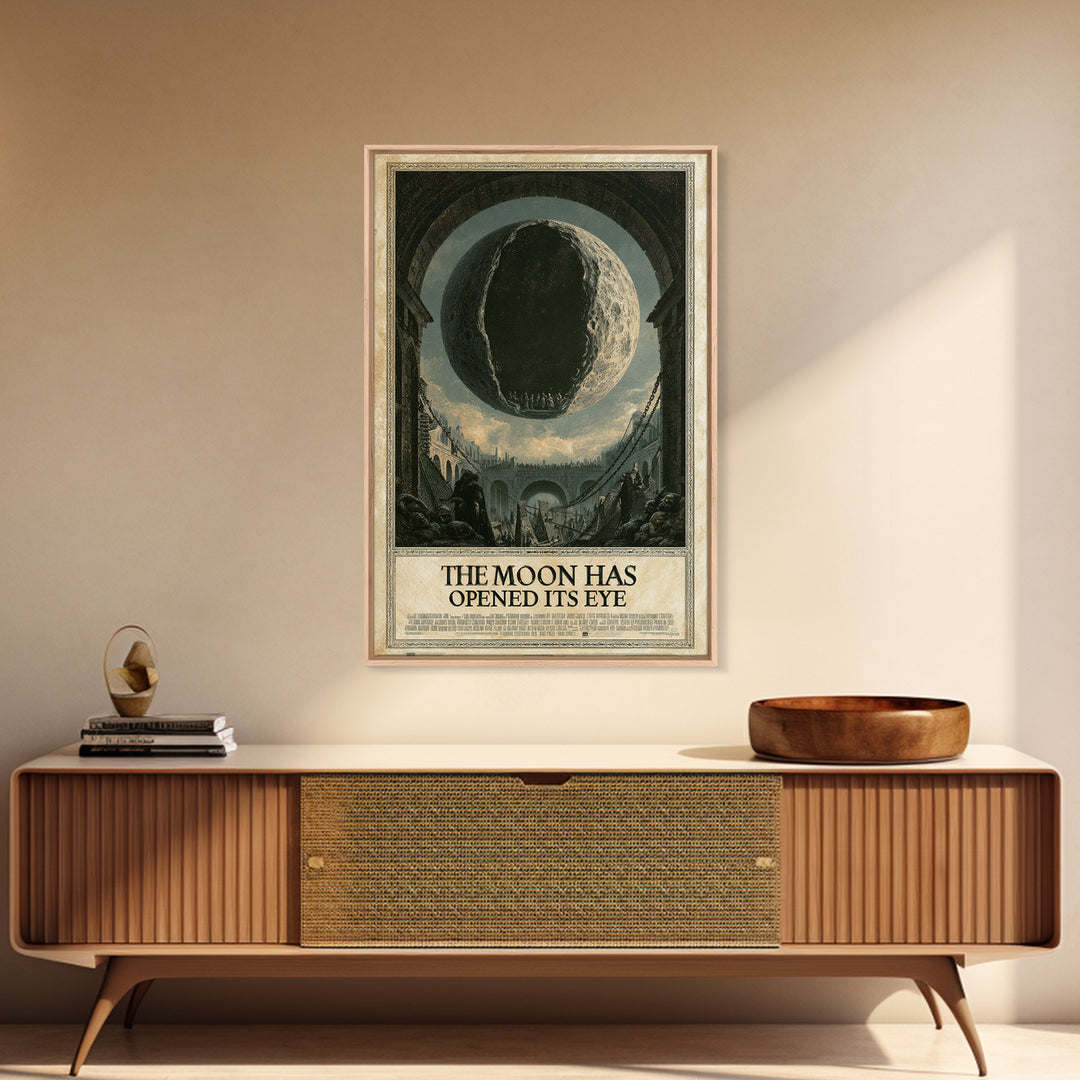 The Moon Has Opened Its Eye, English Language Horror Movie Poster, Architectural Etching Art, Retro Horror Movie Art