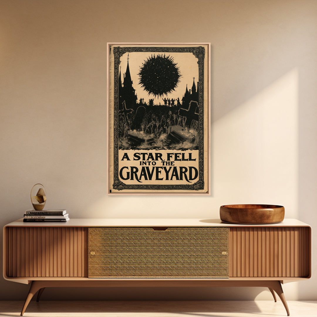 A Star Fell Into The Graveyard, English Language Horror Movie Poster, Decadent Line Art, Gothic Cinema Wall Art, Canvas Print