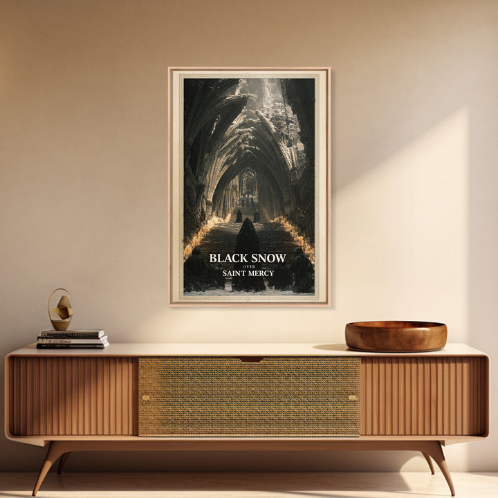 Black Snow Over Saint Mercy, English Language Horror Movie Poster, Architectural Etching Art, Classic Monster Poster