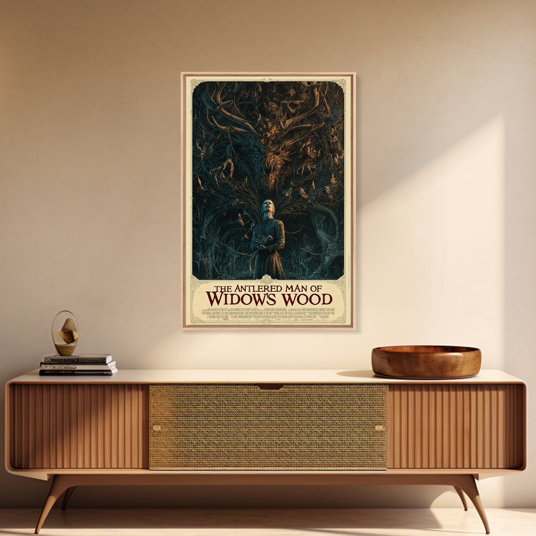 The Antlered Man Of Widow'S Wood, English Language Horror Movie Poster, Architectural Etching Art, Retro Horror Movie Art