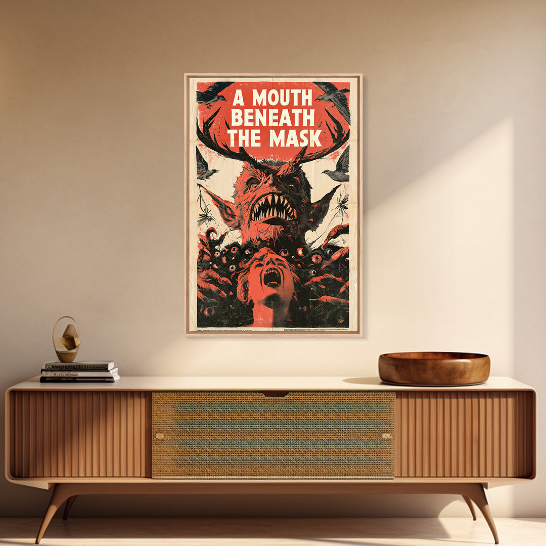 A Mouth Beneath The Mask, English Language Horror Movie Poster, 1950s Creature-Feature One-Sheet Inspired Art, Classic Monster Poster