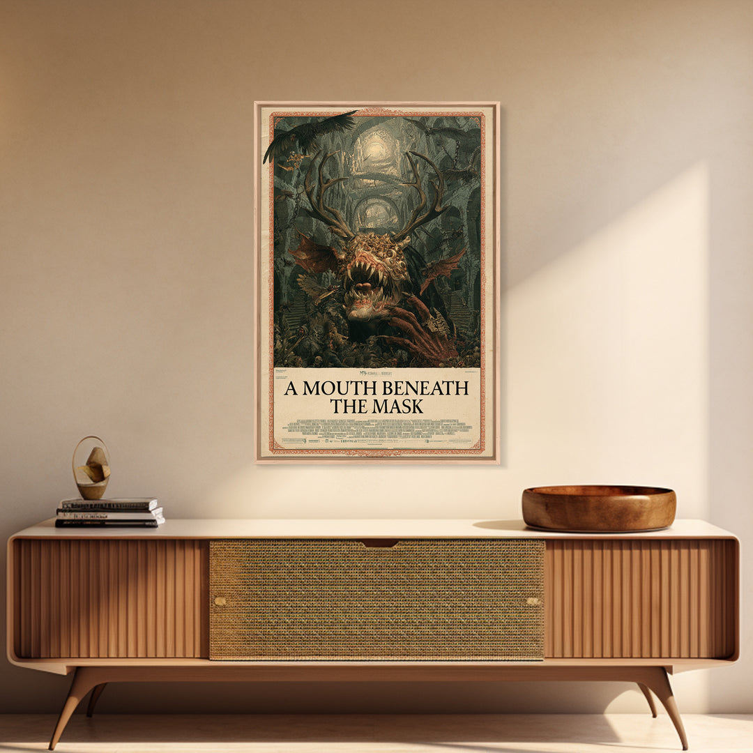 A Mouth Beneath The Mask, English Language Horror Movie Poster, Architectural Etching Art, Gothic Cinema Wall Art