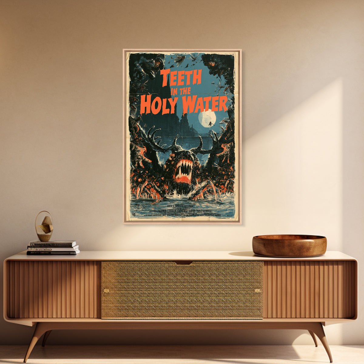 Teeth In The Holy Water, English Language Horror Movie Poster, Giallo Horror Art, Classic Monster Poster, Framed Canvas Print