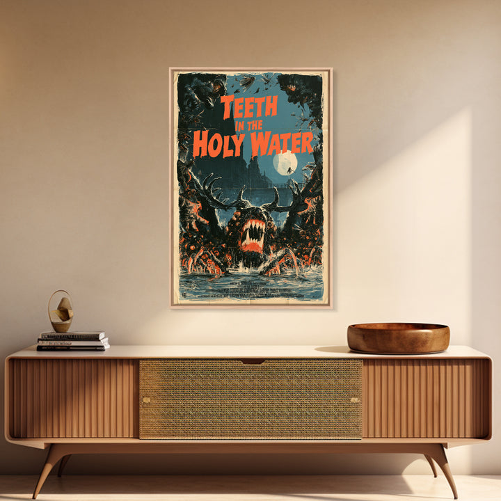 Teeth In The Holy Water, English Language Horror Movie Poster, Giallo Horror Art, Classic Monster Poster, Framed Canvas Print