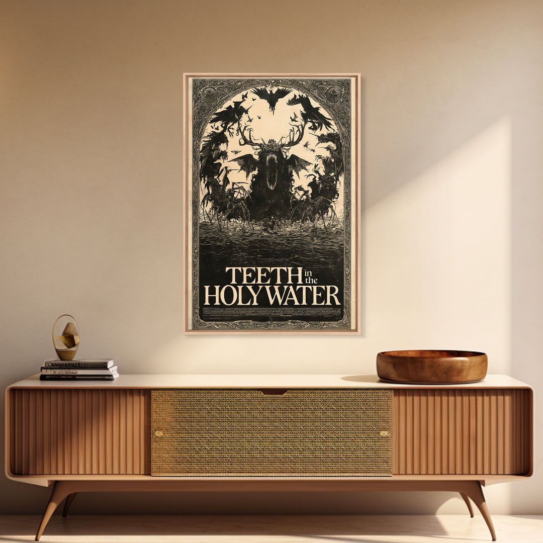 Teeth In The Holy Water, English Language Horror Movie Poster, Decadent Line Art, Classic Monster Poster, Framed Canvas Print