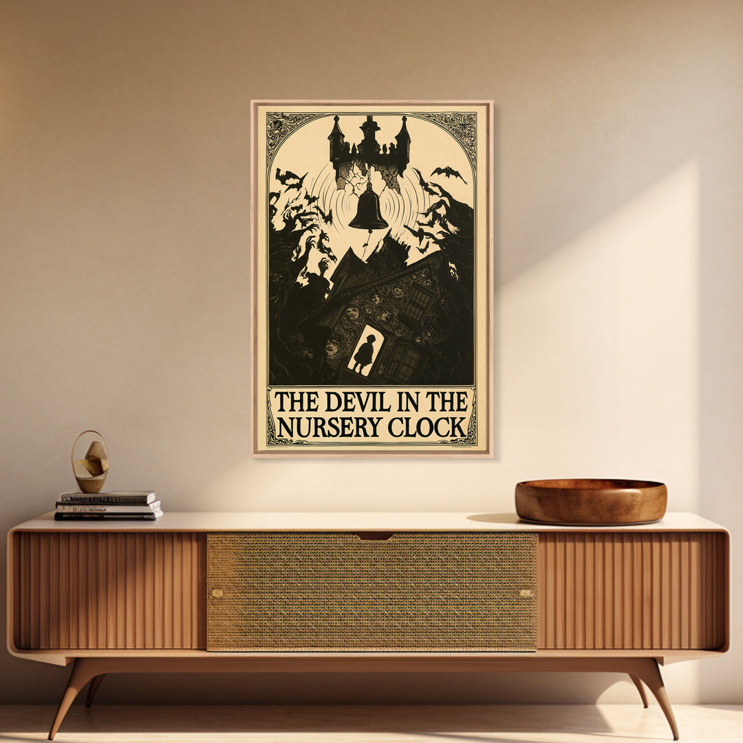 The Devil In The Nursery Clock, English Language Horror Movie Poster, Decadent Line Art, Cult Horror Poster, Framed Canvas Print