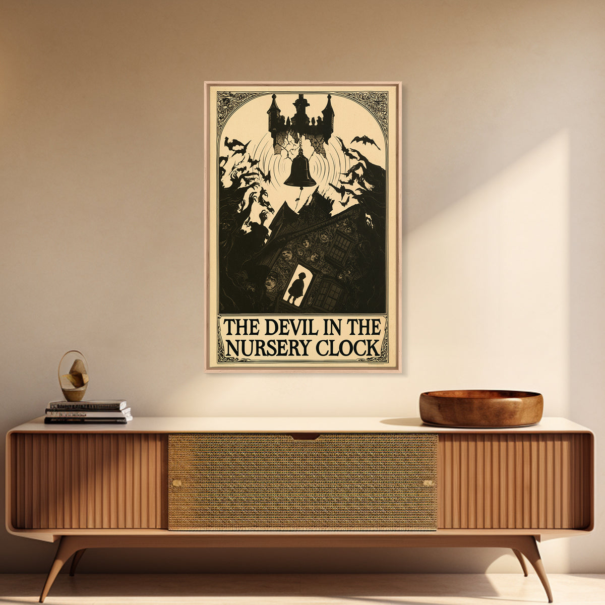 The Devil In The Nursery Clock, English Language Horror Movie Poster, Decadent Line Art, Cult Horror Poster, Framed Canvas Print